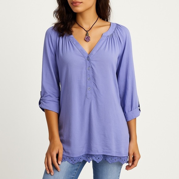 Soft Surroundings Lace Trim Tunic Blouse Purple V-Neck Button XS Petite Boho - Picture 1 of 16